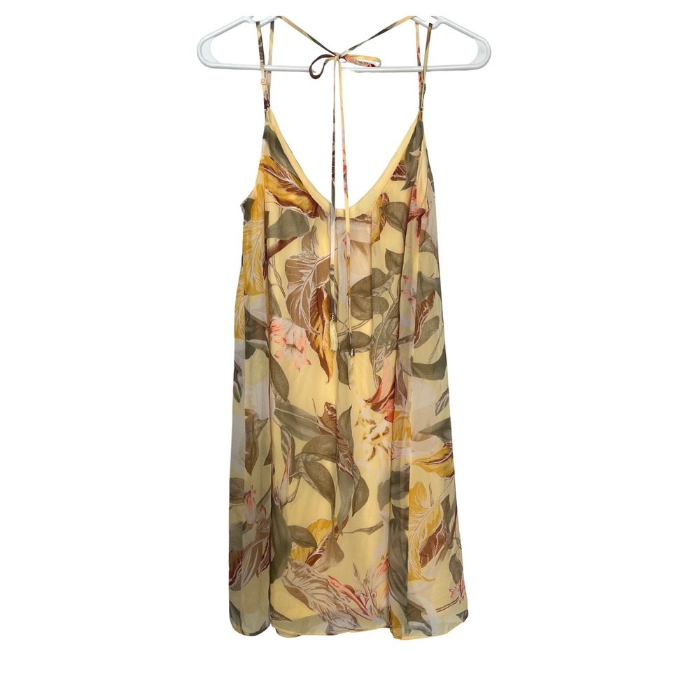 WHBM Womens Size 8 Slip Mini Dress Yellow Green Floral Leaf Tropical Boho Resort - Picture 3 of 13